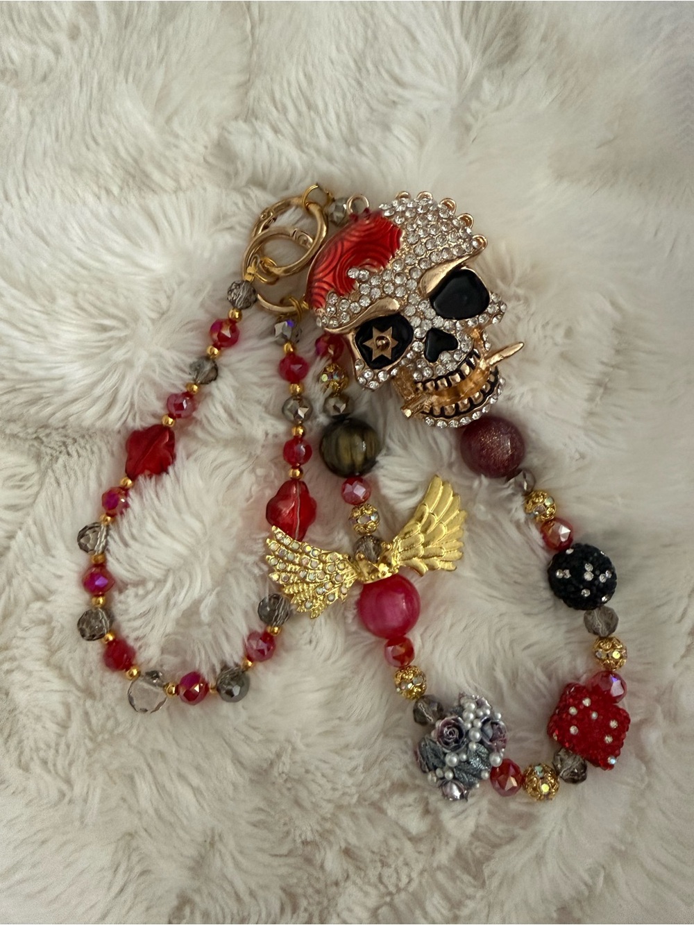 Crystal Skull Red Beaded Statement lanyard for wristlet or keychain